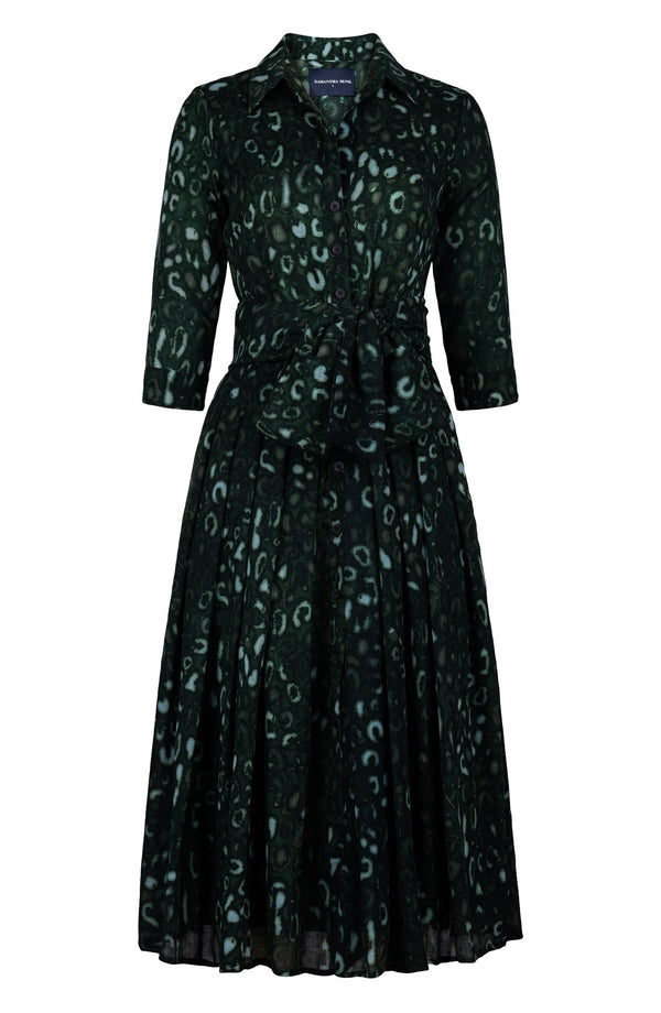 Audrey Dress #4 Shirt Collar 3/4 Sleeve Midi Length Wool (Victoria Leopard Dark) - Olive Green