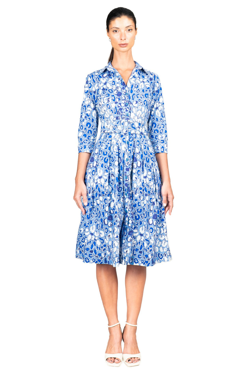 Audrey Dress #1 Shirt Collar 3/4 Sleeve Long Length Cotton Stretch (Victoria Leopard Pastel)