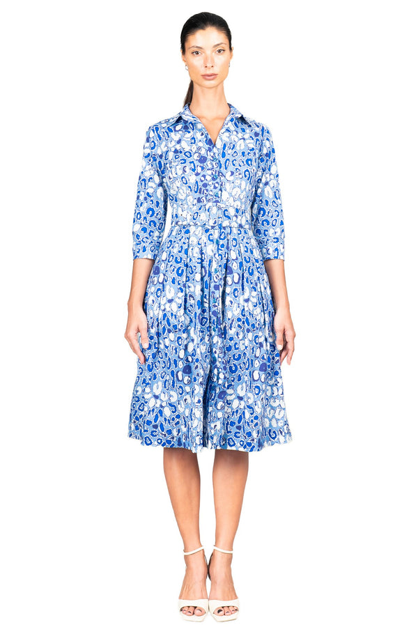 Audrey Dress #1 Shirt Collar 3/4 Sleeve Long Length Cotton Stretch (Victoria Leopard Pastel)