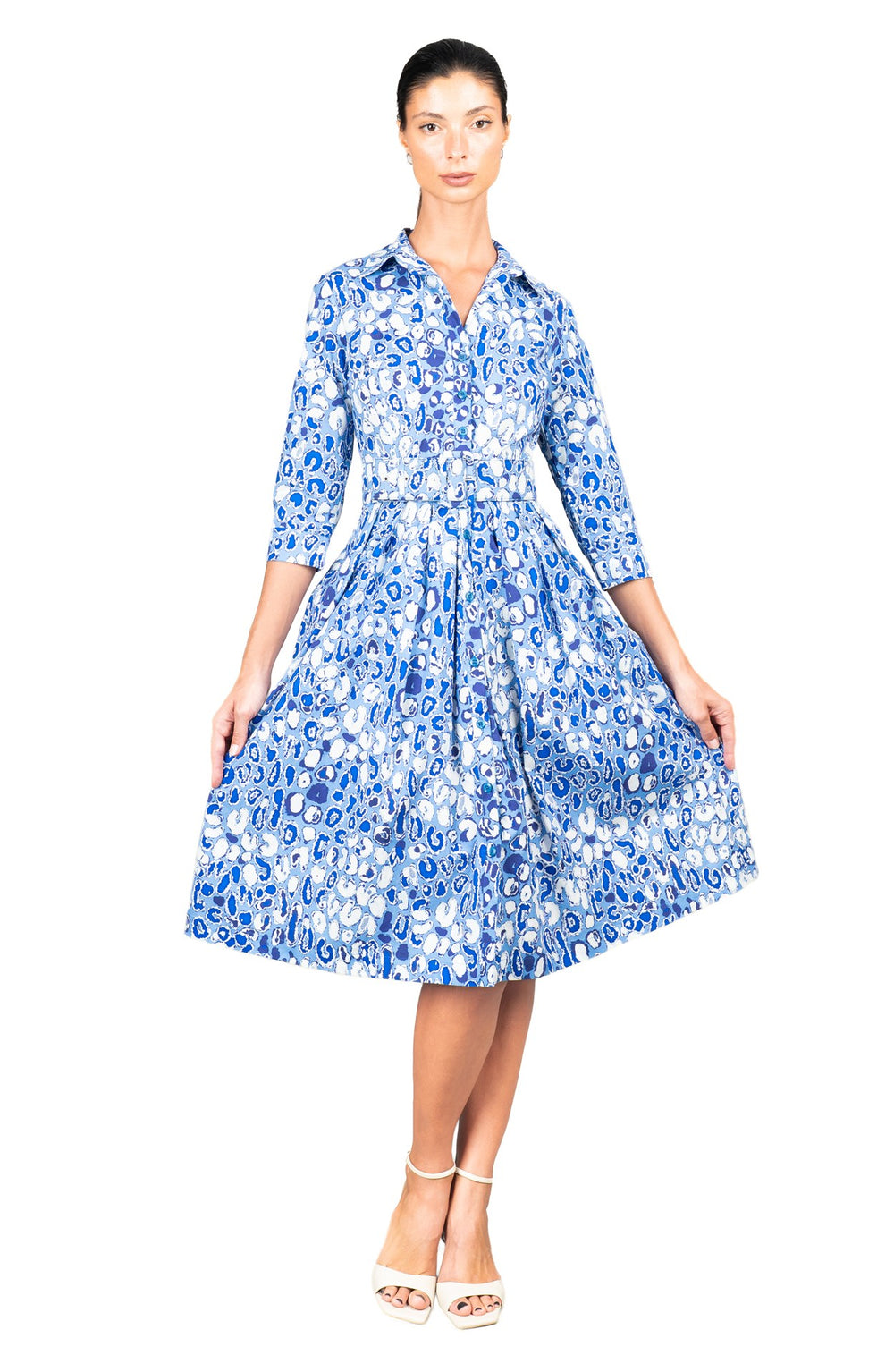 Audrey Dress #1 Shirt Collar 3/4 Sleeve Long Length Cotton Stretch (Victoria Leopard Pastel)