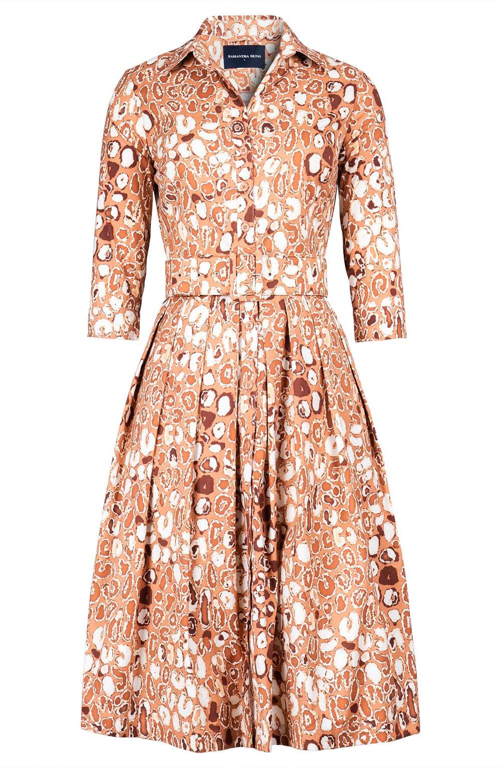 Audrey Dress #1 Shirt Collar 3/4 Sleeve Long Length Cotton Stretch (Victoria Leopard Pastel)