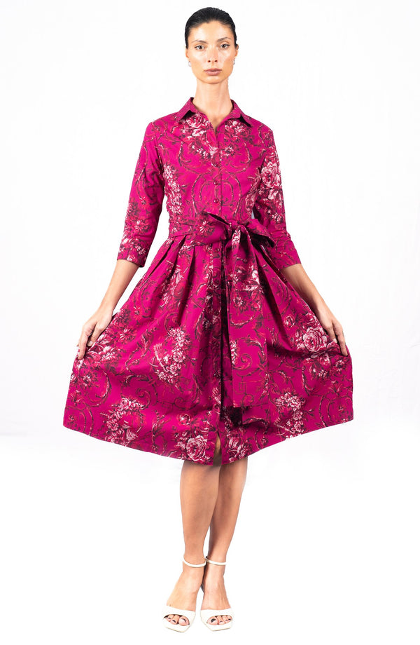 Audrey Dress #1 Shirt Collar 3/4 Sleeve Long Length Cotton Stretch (Villa Carlotta Dark)