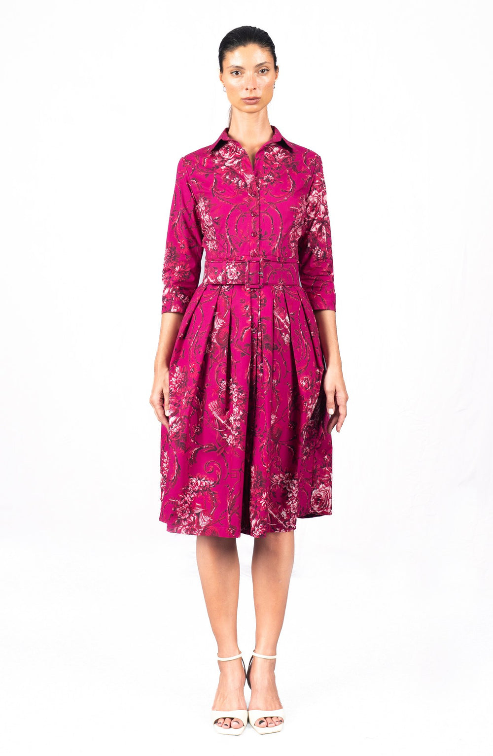 Audrey Dress #1 Shirt Collar 3/4 Sleeve Long Length Cotton Stretch (Villa Carlotta Dark)