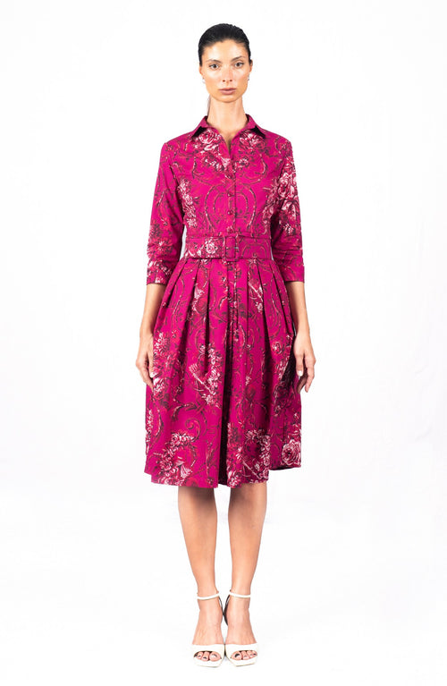 Audrey Dress #1 Shirt Collar 3/4 Sleeve Long Length Cotton Stretch (Villa Carlotta Dark)