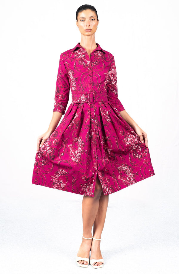 Audrey Dress #1 Shirt Collar 3/4 Sleeve Long Length Cotton Stretch (Villa Carlotta Dark)
