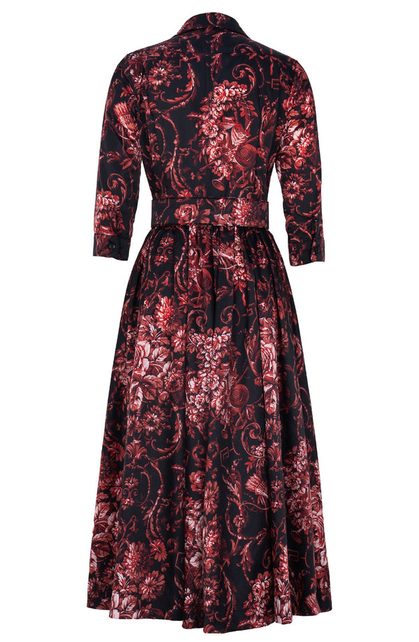 Sabrina Dress Shirt Collar 3/4 Sleeve Midi Plus Length Poliamide Taffta (Villa Carlotta Dark)