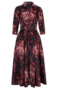 Sabrina Dress Shirt Collar 3/4 Sleeve Midi Plus Length Poliamide Taffta (Villa Carlotta Dark)