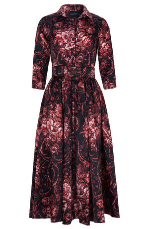 Sabrina Dress Shirt Collar 3/4 Sleeve Midi Plus Length Poliamide Taffta (Villa Carlotta Dark)