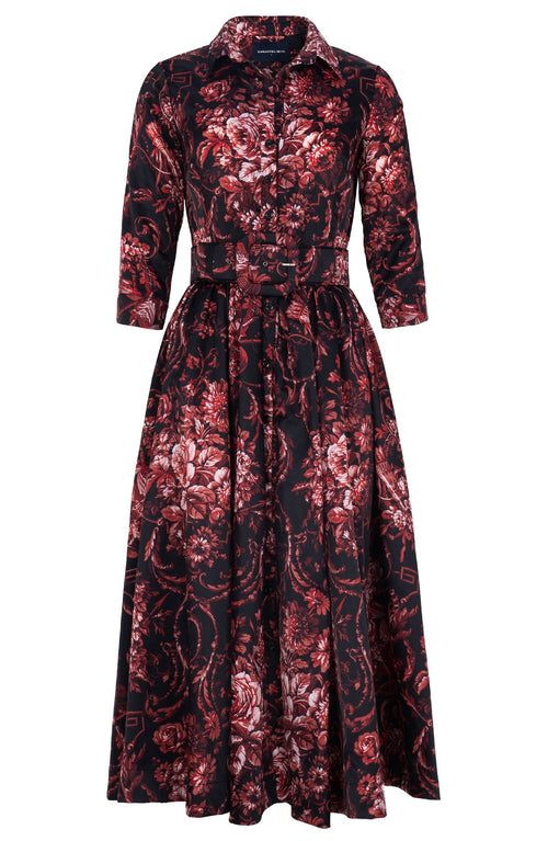 Sabrina Dress Shirt Collar 3/4 Sleeve Midi Plus Length Poliamide Taffta (Villa Carlotta Dark)