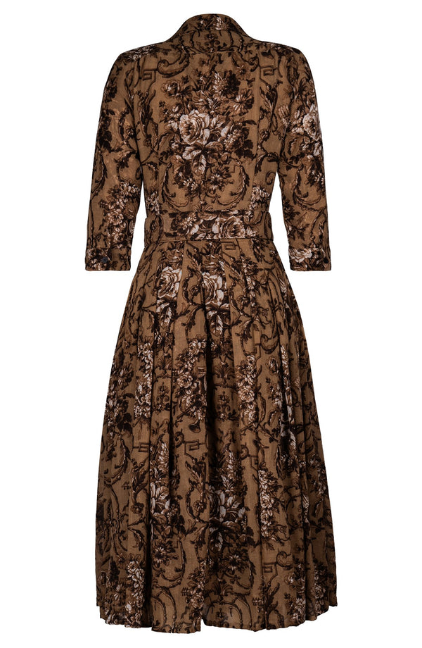 Audrey Dress #4 Shirt Collar 3/4 Sleeve Midi Length Wool (Villa Carlotta Dark - Camel
