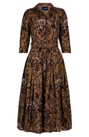 Audrey Dress #4 Shirt Collar 3/4 Sleeve Midi Length Wool (Villa Carlotta Dark - Camel