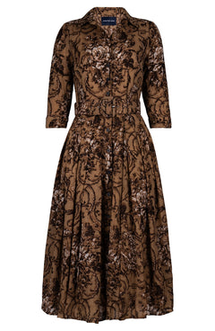 Audrey Dress #4 Shirt Collar 3/4 Sleeve Midi Length Wool (Villa Carlotta Dark - Camel