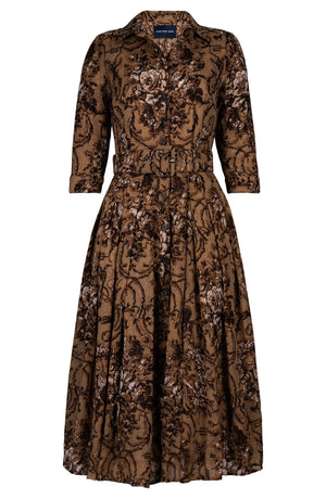 Audrey Dress #4 Shirt Collar 3/4 Sleeve Midi Length Wool (Villa Carlotta Dark - Camel