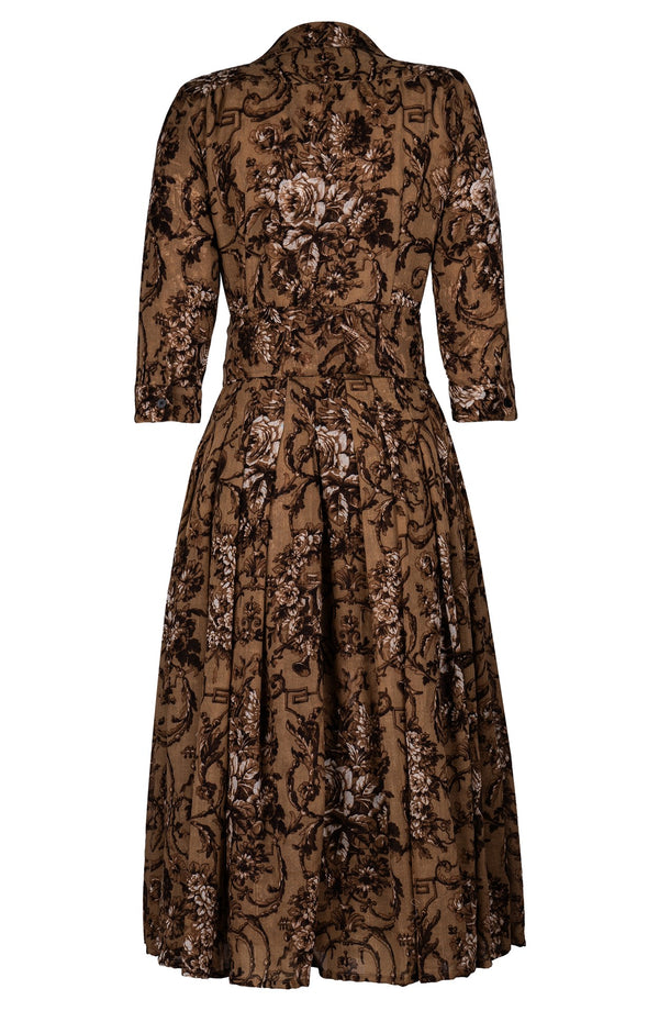 Audrey Dress #4 Shirt Collar 3/4 Sleeve Midi Length Wool (Villa Carlotta Dark - Camel