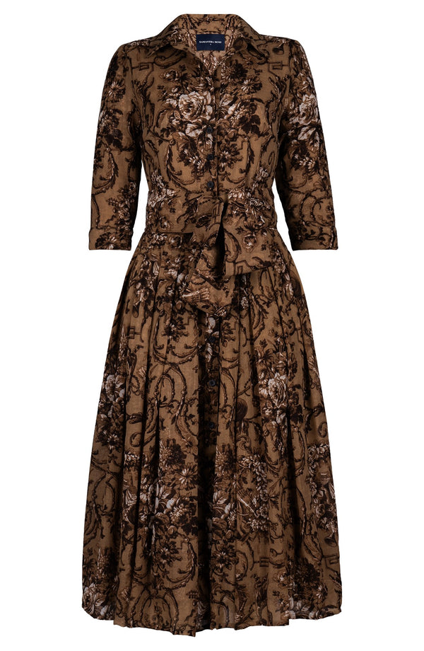 Audrey Dress #4 Shirt Collar 3/4 Sleeve Midi Length Wool (Villa Carlotta Dark - Camel