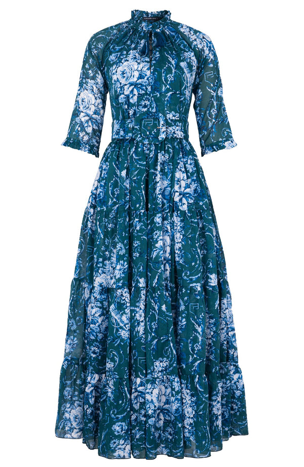 Eva Dress Crew Neck 3/4 Sleeve Maxi Length Cotton Musola (Villa Carlotta Bright)