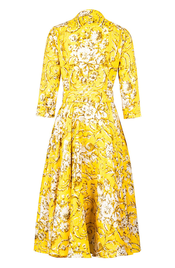 Amber Dress Shirt Collar 3/4 Sleeve Midi Length Linen (Villa Carlotta Bright)