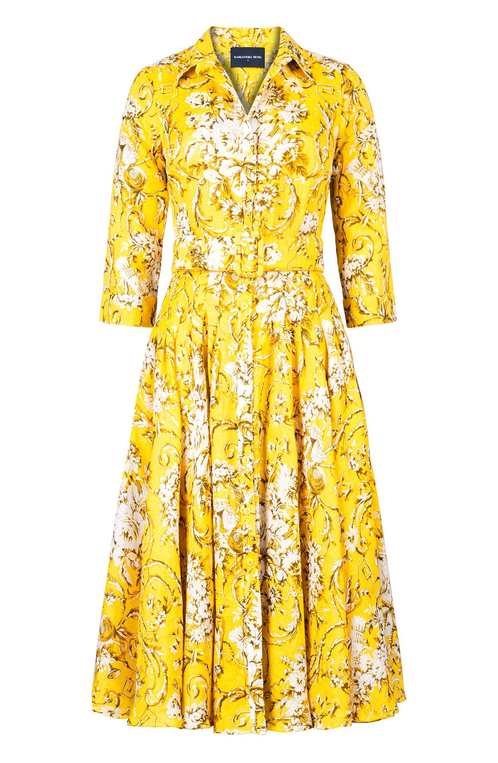 Amber Dress Shirt Collar 3/4 Sleeve Midi Length Linen (Villa Carlotta Bright)