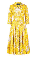 Amber Dress Shirt Collar 3/4 Sleeve Midi Length Linen (Villa Carlotta Bright)