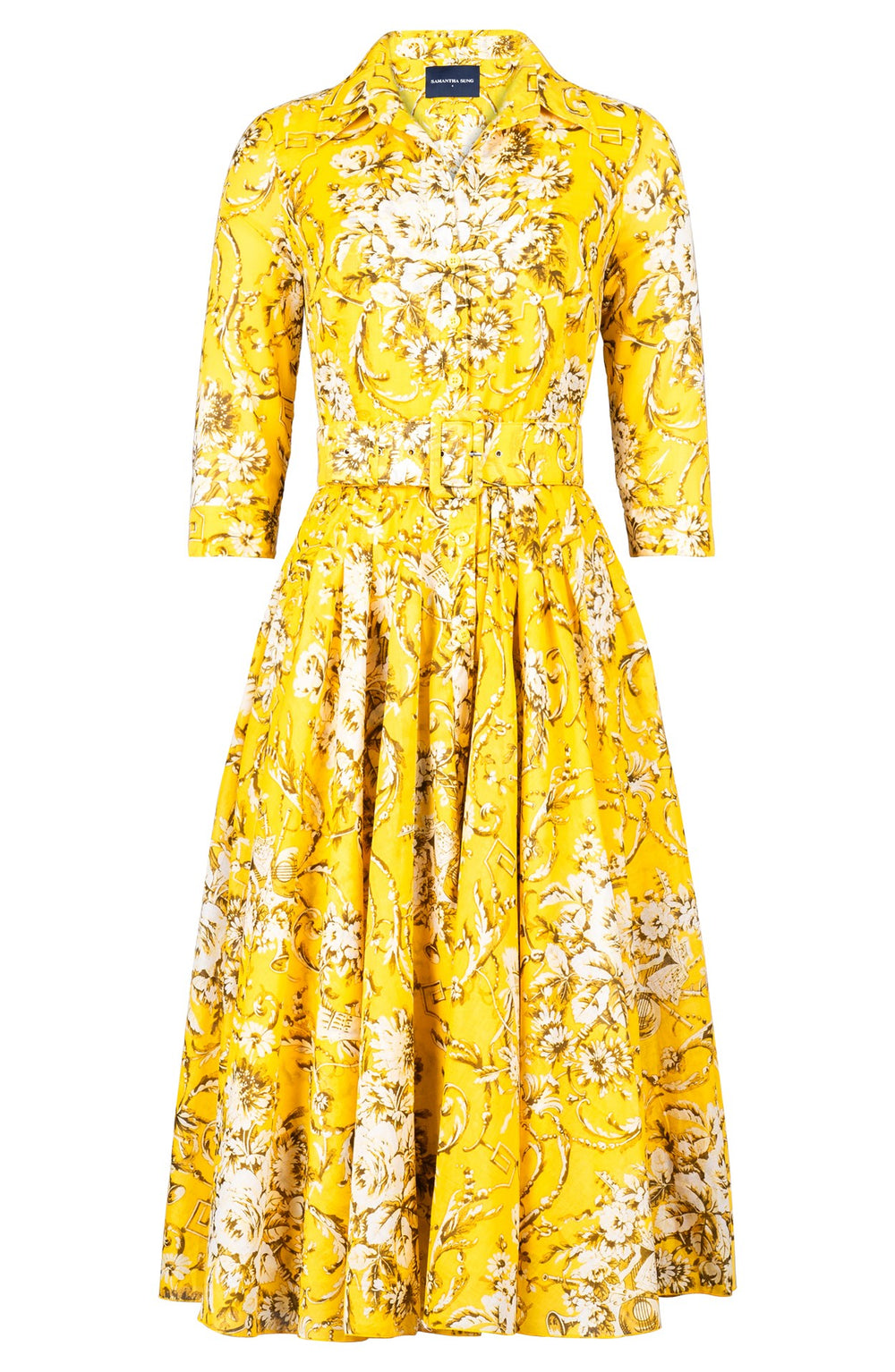 Amber Dress Shirt Collar 3/4 Sleeve Midi Length Cotton Musola (Villa Carlotta Bright)