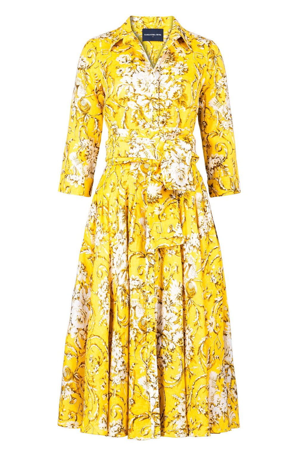 Amber Dress Shirt Collar 3/4 Sleeve Midi Length Linen (Villa Carlotta Bright)