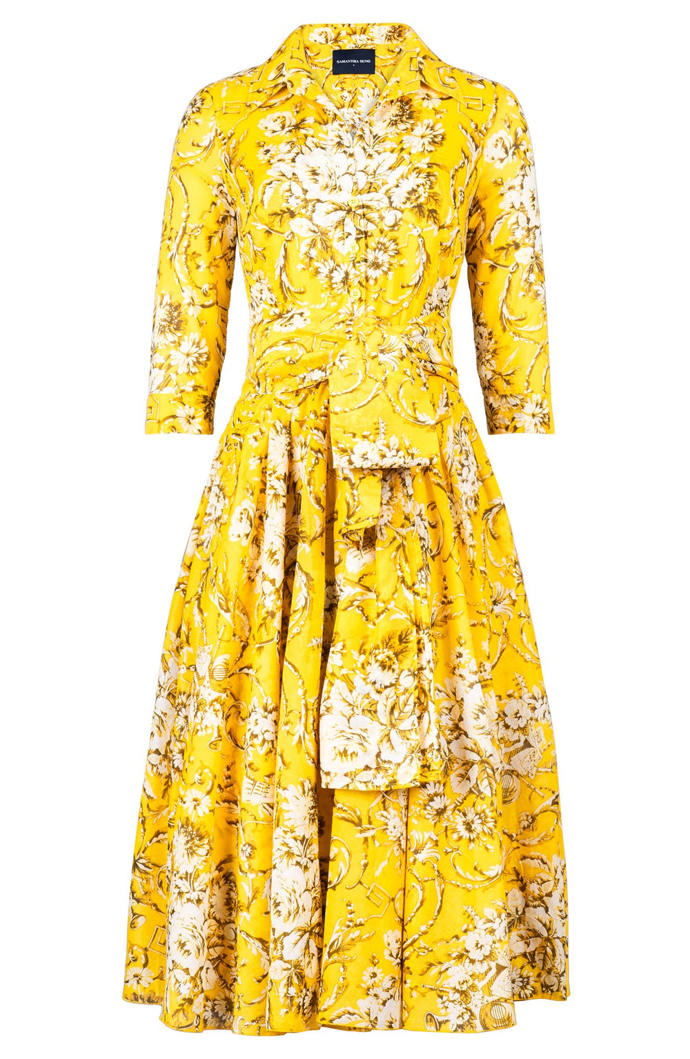 Amber Dress Shirt Collar 3/4 Sleeve Midi Length Cotton Musola (Villa Carlotta Bright)