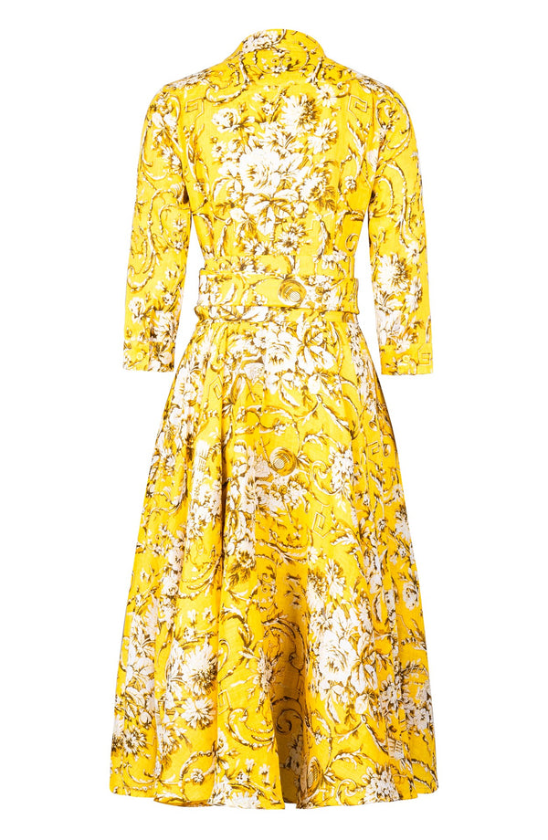 Amber Dress Shirt Collar 3/4 Sleeve Midi Length Linen (Villa Carlotta Bright)