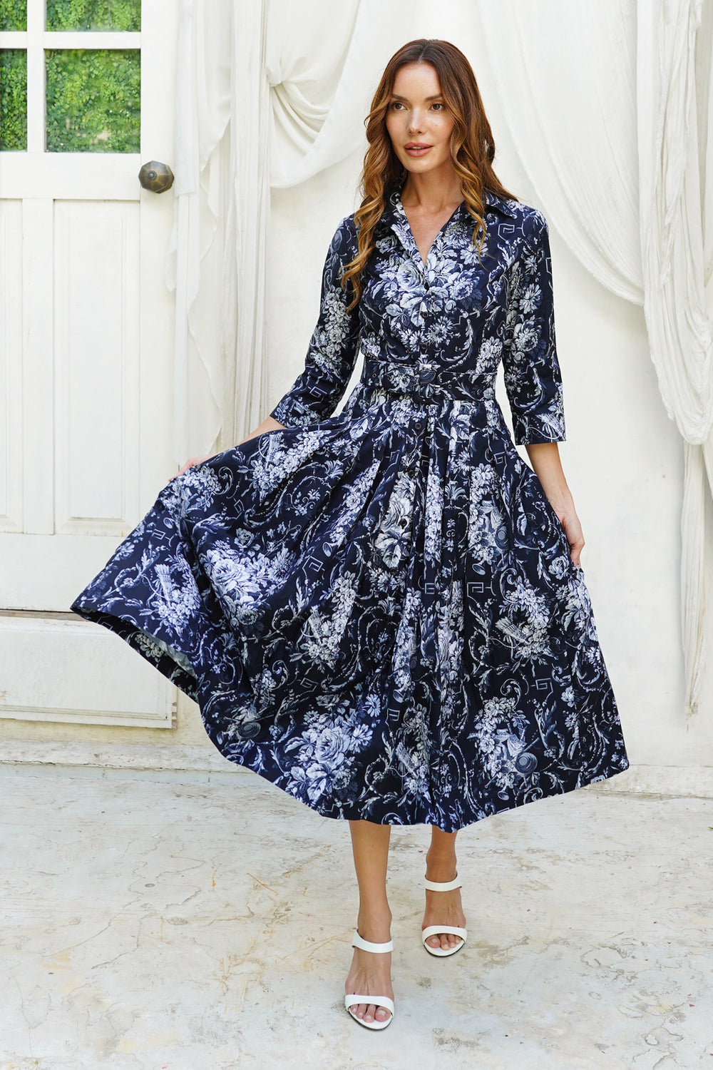 Audrey Dress #2 Shirt Collar 3/4 Sleeve Midi Length Cotton Stretch (Villa Carlotta Bright)