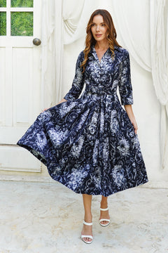 Audrey Dress #2 Shirt Collar 3/4 Sleeve Midi Length Cotton Stretch (Villa Carlotta Bright)