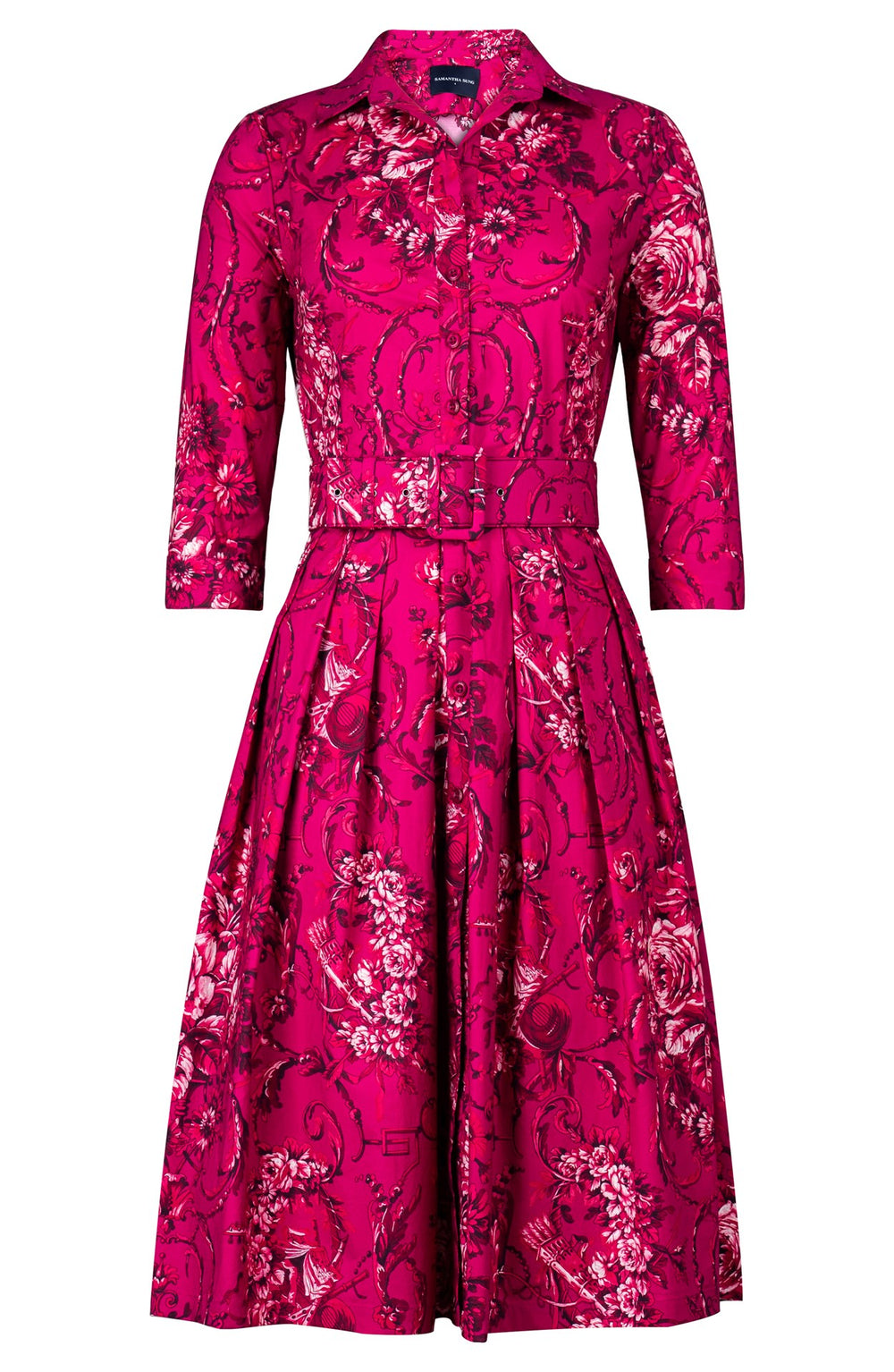 Audrey Dress #1 Shirt Collar 3/4 Sleeve Long Length Cotton Stretch (Villa Carlotta Dark)
