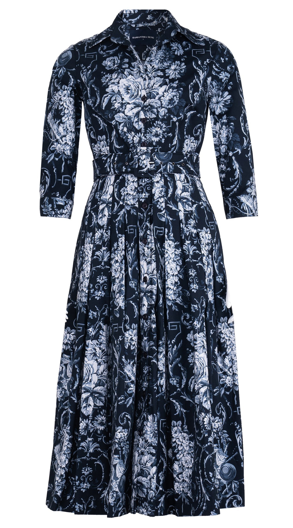 Audrey Dress #1 Shirt Collar 3/4 Sleeve Midi Length Cotton Stretch (Villa Carlotta Bright)