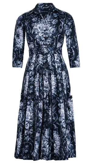 Audrey Dress #1 Shirt Collar 3/4 Sleeve Midi Length Cotton Stretch (Villa Carlotta Bright)