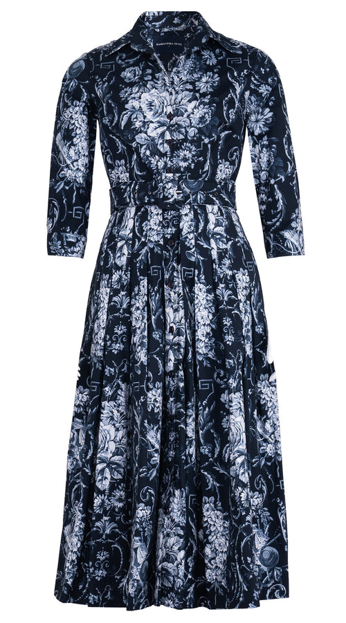 Audrey Dress #1 Shirt Collar 3/4 Sleeve Midi Length Cotton Stretch (Villa Carlotta Bright)