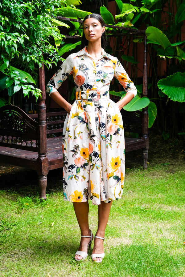 Audrey Dress #7 Shirt Collar 3/4 Sleeve Midi Length Nylon (Viner Rose Dark)