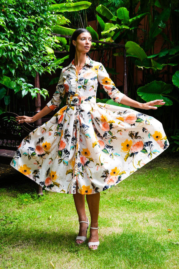 Audrey Dress #7 Shirt Collar 3/4 Sleeve Midi Length Nylon (Viner Rose Dark)