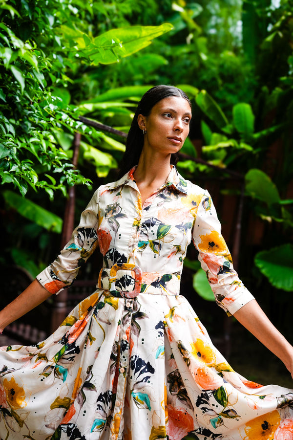 Audrey Dress #7 Shirt Collar 3/4 Sleeve Midi Length Nylon (Viner Rose Dark)