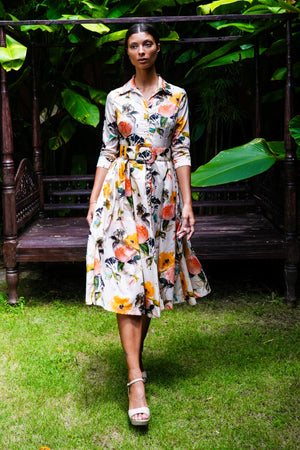 Audrey Dress #7 Shirt Collar 3/4 Sleeve Midi Length Nylon (Viner Rose Dark)