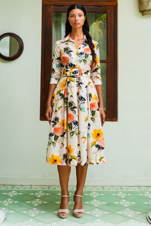 Audrey Dress #7 Shirt Collar 3/4 Sleeve Midi Length Nylon (Viner Rose Dark)