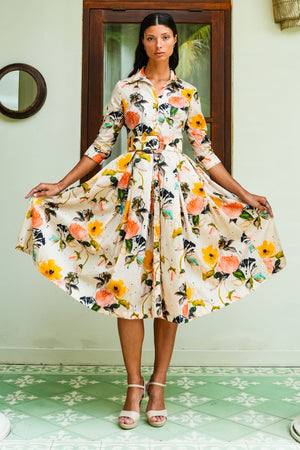 Audrey Dress #7 Shirt Collar 3/4 Sleeve Midi Length Nylon (Viner Rose Dark)