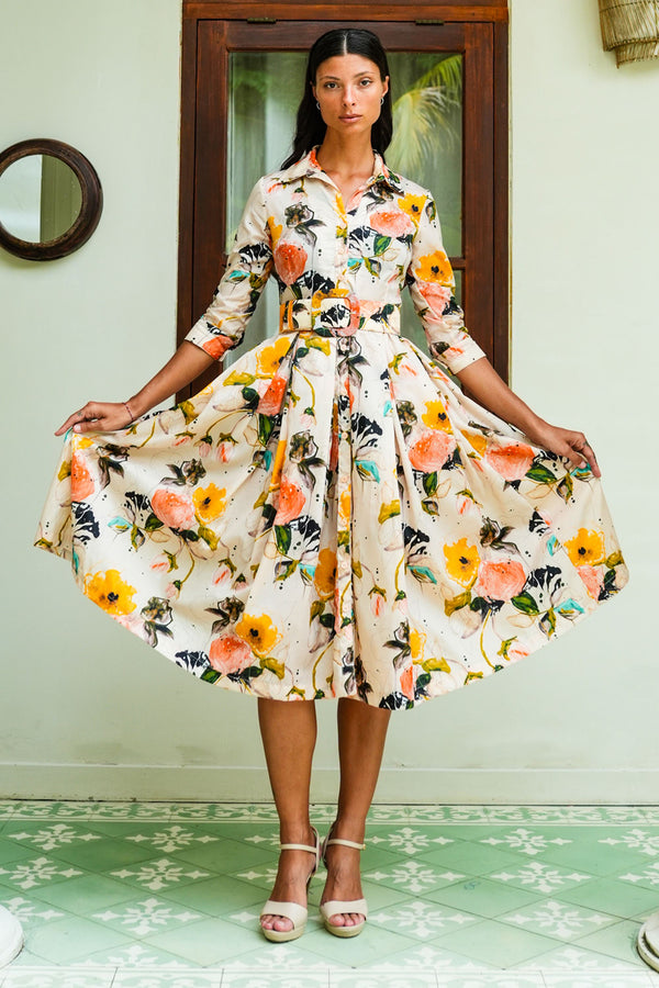 Audrey Dress #7 Shirt Collar 3/4 Sleeve Midi Length Nylon (Viner Rose Dark)