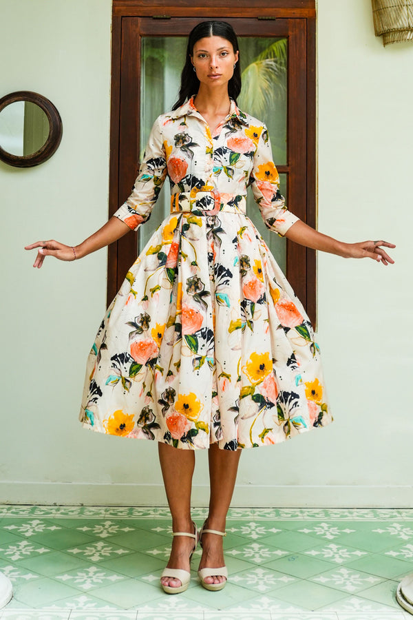 Audrey Dress #7 Shirt Collar 3/4 Sleeve Midi Length Nylon (Viner Rose Dark)