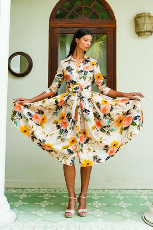 Audrey Dress #7 Shirt Collar 3/4 Sleeve Midi Length Nylon (Viner Rose Dark)