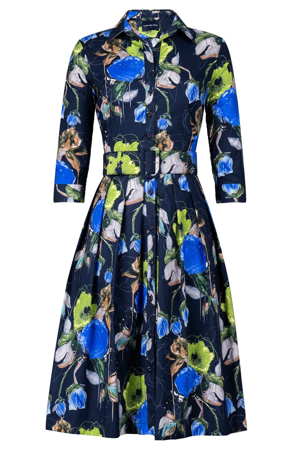 Audrey Dress #1 Shirt Collar 3/4 Sleeve Long Length Cotton Stretch (Viner Rose Dark)