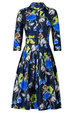 Audrey Dress #1 Shirt Collar 3/4 Sleeve Long Length Cotton Stretch (Viner Rose Dark)