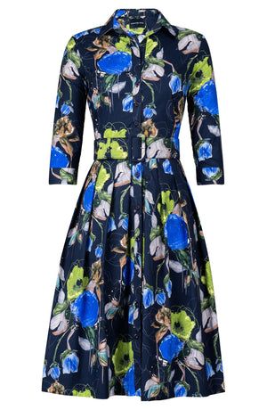 Audrey Dress #1 Shirt Collar 3/4 Sleeve Long Length Cotton Stretch (Viner Rose Dark)
