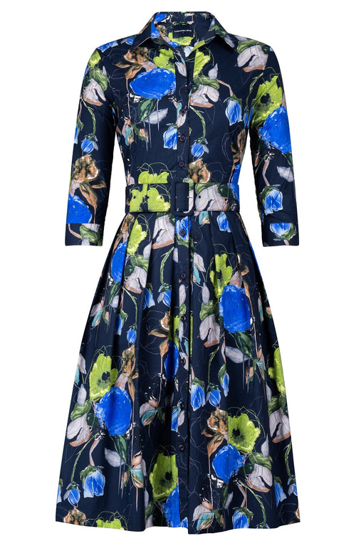 Audrey Dress #1 Shirt Collar 3/4 Sleeve Long Length Cotton Stretch (Viner Rose Dark)