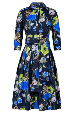 Audrey Dress #1 Shirt Collar 3/4 Sleeve Long Length Cotton Stretch (Viner Rose Dark)