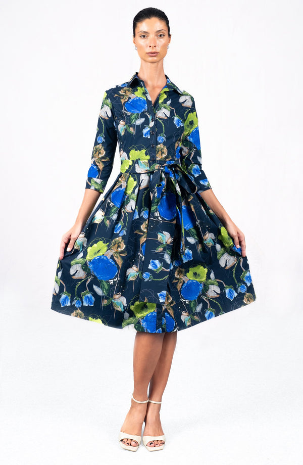 Audrey Dress #1 Shirt Collar 3/4 Sleeve Long Length Cotton Stretch (Viner Rose Dark)