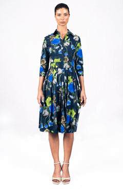 Audrey Dress #1 Shirt Collar 3/4 Sleeve Long Length Cotton Stretch (Viner Rose Dark)