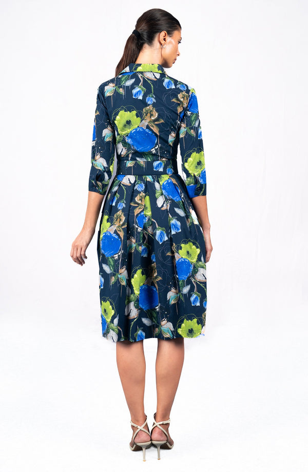 Audrey Dress #1 Shirt Collar 3/4 Sleeve Long Length Cotton Stretch (Viner Rose Dark)